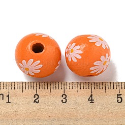 プリントウッドヨーロピアンビーズ  デイジー模様の丸い  ダークオレンジ  15.5~16mm  穴：4~4.5mm&nbsp;WOOD-G022-19H