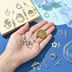 20個 5スタイルの花柄チベットスタイル合金トグル留め金  アンティークシルバー  花：16~28x15~20mm  バー：16~36x4~5mm  穴：2~2.5mm  4個/スタイル&nbsp;FIND-YW0005-24