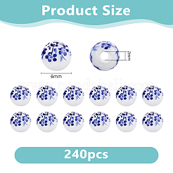 手作りの花柄磁器セラミックビーズ240個  ラウンド  ブルー  6mm  穴：2mm&nbsp;PORC-DC0001-13