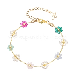Brass & Glass Flower Link Chain Bracelets for Women&nbsp;BJEW-JB14026