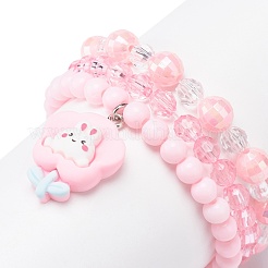 3 個 3 スタイル アクリル ビーズ ストレッチ ブレスレット セット 樹脂 ウサギ チャーム付き 子供用  ピンク  内径：1-3/4インチ（4.6cm）  1個/スタイル&nbsp;BJEW-JB08729