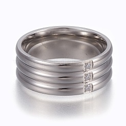 304ステンレススチール指輪  ワイドバンドリング  ラインストーン付き  クリスタル  サイズ6~10  ステンレス鋼色  16~20mm&nbsp;RJEW-E155-01P