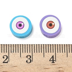 プリントされた手作りポリマー粘土ビーズ  フラットラウンド  ミックスカラー  9~10x4.5~5mm  穴：1.6mm&nbsp;CLAY-I016-06
