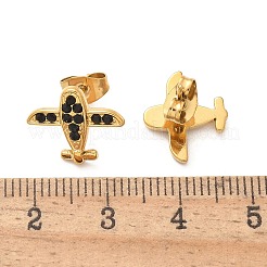 304ステンレススチールスタッドピアス  ラインストーン付き  イオンプレーティング（ip）  飛行機  18KGP本金メッキ  12x14mm&nbsp;EJEW-F361-09G