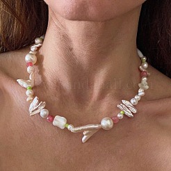 Brass & Natural Baroque Pearl Keshi Pearl Beaded Necklaces for Women&nbsp;FS-WG8C333-04