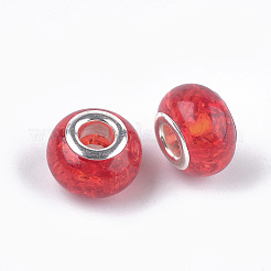 クラックレジンヨーロピアンビーズ  大穴ビーズ  シルバーカラーメッキ真鍮コア付き  ロンデル  レッド  13.5~14x8.5~9mm  穴：5mm&nbsp;RPDL-S012-B12