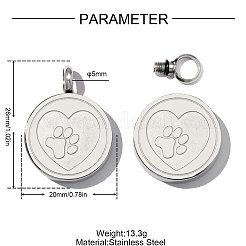 304ステンレスペンダント  足跡チャーム付きフラットラウンド  ハンドポリッシュ  ステンレス鋼色  26x20mm  穴：5mm&nbsp;SA-OY003-65P-01
