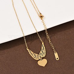 304ステンレススチール製ハートと天使の羽のペンダントネックレス（女性用）  イオンプレーティング（ip）  18KGP本金メッキ  18.39インチ（46.7cm）&nbsp;NJEW-G176-03G