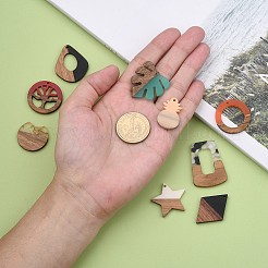 樹脂＆ウォールナットウッドペンダント  混合図形  ミックスカラー  13~49x7.5~49x2.5~4mm  穴：1.5~2mm&nbsp;RESI-MSMC006-04
