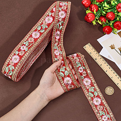 エスニックポリエステルリボン  キラキラのスパンコール付き  花柄  レッド  1-3/4インチ（44mm）  約15.00ヤード（13.72m）/バンドル&nbsp;OCOR-WH0109-038A