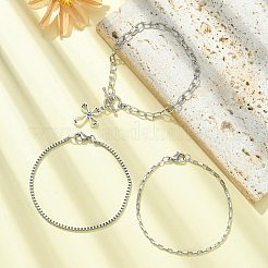3Pcs 3 Style 316 Surgical Stainless Steel Box & Venetian Chain Bracelets Set with Corss Charms&nbsp;BJEW-FS0001-07