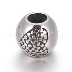 レトロ 316 サージカルステンレス ヨーロピアンスタイル ビーズ  大穴ビーズ  ハート付きのラウンド  アンティークシルバー  10mm  穴：4.5mm&nbsp;OPDL-L013-24AS
