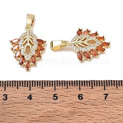 真鍮製マイクロパヴェキュービックジルコニアペンダント  葉のチャーム  ゴールドカラー  レッドオレンジ  20x15x4mm  穴：3x5.5mm&nbsp;CU-CBA3371-06G-D