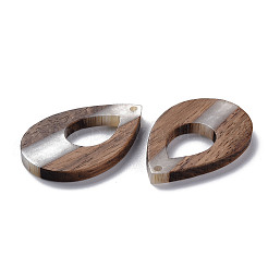 不透明な樹脂とクルミ材のペンダント  ティアドロップ  ホワイトスモーク  38x25x3.5mm  穴：1.8mm&nbsp;X-RESI-T035-34