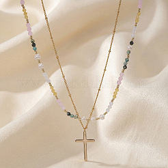 Colorful Natural Mixed Stone and Imitaiton Pearl Beaded Double Layered Necklaces with Stainless Steel Religion Cross Pendant&nbsp;MK2269