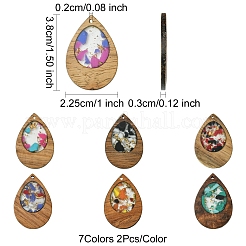 14個7色のクルミ材樹脂ペンダント  グリッターパウダー付き  染色されていない  ティアドロップチャーム  ミックスカラー  38x25.5x3mm  穴：2mm&nbsp;WOOD-FS0001-31
