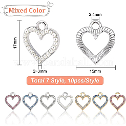 70個7スタイルの合金チャーム  ラインストーン付き  ハート  ミックスカラー  17x15x2~3mm  穴：2.4~2.5mm  10個/スタイル&nbsp;ALRI-BC0001-01