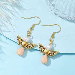 エンジェル アンティーク ゴールド合金 & 樹脂ダングル イヤリング  イミテーションパールアクリルドロップイヤリング  ナバホホワイト  45x21.5mm&nbsp;EJEW-JE05686-08