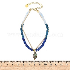 天然パウア貝チャーム、染色された天然マレーシアジェイドのファセットロンデルブレスレット、304ステンレススチールチェーン付き（女性用）  18KGP本金メッキ  ブルー  ティアドロップ  7.87インチ（20cm）  ペンダント：17x8x3.5mm&nbsp;BJEW-JB14297-01