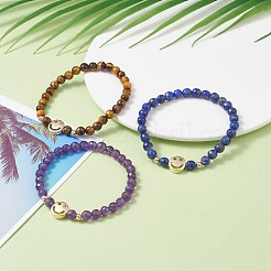 Faceted Round Natural Tiger Eye & Lapis Lazuli & Amethyst Beads Stretch Bracelets Set&nbsp;BJEW-JB07082
