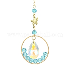 Ocean Theme Glass Round Beads & Teardrop Suncatcher with Brass Charm&nbsp;HJEW-JM04939