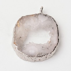 天然のGeode瑪瑙ドゥルージースライスペンダント  ナゲット  真鍮パーツ  銀  18~48x28~70x6~9mm  穴：2mm&nbsp;G-L461-04C