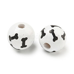 プリントウッドヨーロピアンビーズ  骨模様の丸い  ホワイト  15.5~16mm  穴：4~4.5mm&nbsp;WOOD-G022-04A