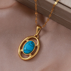 Vintage 304 Stainless Steel & Dyed Synthetic Turquoise Oval Pendant Necklaces for Women&nbsp;VG0712