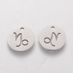 変色しない304ステンレススチールチャーム  星座/星座とフラットラウンド  山羊座  12x1mm  穴：1.5mm&nbsp;STAS-Q201-T095-10