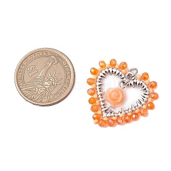 ガラスチャーム  バラとハート  合金の金具と樹脂とガラスのシードビーズ付き  ダークオレンジ  30x32x8mm  穴：3mm&nbsp;PALLOY-MZ00538-02