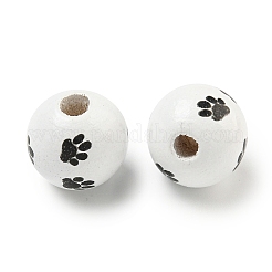 プリントウッドヨーロピアンビーズ  足跡模様で丸い  ホワイト  15.5~16mm  穴：4~4.5mm&nbsp;WOOD-G022-09A