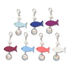 Flat Round with Fish Scale 304 Stainless Steel & Resin Pendant Decorations&nbsp;HJEW-JM04042
