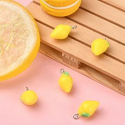不透明樹脂ペンダント  レモンチャーム  模造食品  プラチナトーンの鉄ループ付き  きいろ  20~24x12x12mm  穴：2mm&nbsp;RESI-YW0001-29
