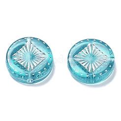 メッキクリアアクリルビーズ  ライン入り  ひし形模様のフラット ラウンド  ダークターコイズ  15~15.5x4.5~5mm  穴：1.8mm  約606個/500g&nbsp;OACR-G016-07L