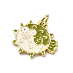 真鍮製エナメルペンダント  魚のチャーム  ラックめっき  長持ちメッキ  カドミウムフリー＆鉛フリー  18KGP本金メッキ  丸カン付き  オリーブドラブ  17x17.5x1.5mm  穴：3mm&nbsp;KK-P338-07B-G04