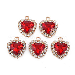 ガラスチャーム  明るい金色の真鍮のパーツと  長持ちメッキ  多面カット  ハート  ファイヤーブリック  18x15x6mm  穴：2mm&nbsp;X-GLAA-Q088-019
