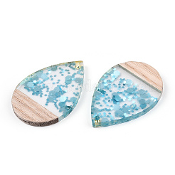 透明レジン＆ホワイトウッドペンダント  スパンコール付きティアドロップチャーム  ライトスカイブルー  36.5x24.5x3mm  穴：2mm&nbsp;RESI-N039-56