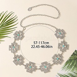 染色された合成ターコイズクロスリンクチェーン付き合金、女性用ウエストチェーン  プラチナ  570~1170mm&nbsp;FS-WG34991-01