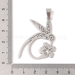 変色しない201ステンレススチールペンダント  花のチャームを持つ鳥  ステンレス鋼色  43x31.5x1.5mm  穴：4x7mm&nbsp;STAS-A094-18P