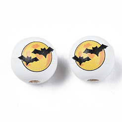 ハロウィンプリント天然木ビーズ  コウモリと丸い  ゴールド  15.5x14.5mm  穴：4mm&nbsp;X-WOOD-S057-086