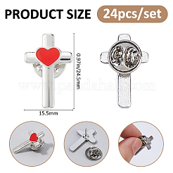 クロスとハートの合金エナメルラペルピンバック24個、バックパックの服用  プラチナ  24.5x15.5mm&nbsp;JEWB-FG0001-59P