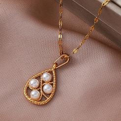 Vintage European 304 Stainless Steel & Imitation Pearl Teardrop Pendant Necklaces for Women&nbsp;NU2800