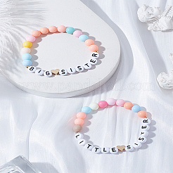 2Pcs 2 Styles Word Acrylic & Brass Heart Beaded Stretch Bracelets&nbsp;BJEW-LP0004-27