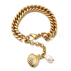 304 Stainless Steel & Natural Freshwater Pearl Curb Chain Bracelets for Women&nbsp;BJEW-G763-03G