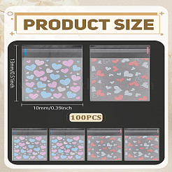 200個 2スタイル 正方形プラスチックセロハンセルフシールバッグ  ベイク包装用  ハート柄  ミックスカラー  10~13x10x0.1cm  約100個/スタイル&nbsp;OPC-LP0001-02