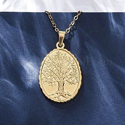 Oval Tree of Life 304 Stainless Steel Pendant Necklaces&nbsp;NJEW-M096-10G