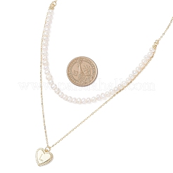 Natural Cultured Freshwater Pearl Potato Beaded Brass Heart with Letter Pendant Double Layer Necklaces&nbsp;NJEW-JN05392-02