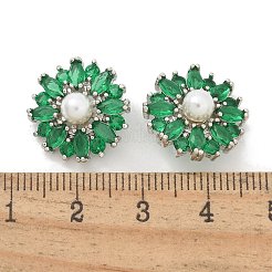 ラックメッキ真鍮マイクロパヴェキュービックジルコニアボタン  ABSの模造パールと  長持ちメッキ  鉛フリー＆カドミウムフリー  フラットラウンド  プラチナ  1穴  グリーン  16.5x8mm  穴：1.2mm&nbsp;KK-K293-09P-02