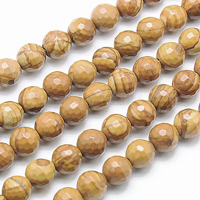 Natural Petrified Wood Beads Strands, Dyed, Faceted, Round, 8mm, Hole: 1mm,  about 46pcs/strand, inch