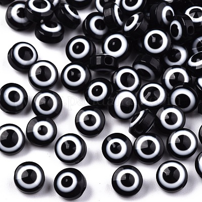 樹脂ビーズ  フラットラウンド  ナザールボンジュウ  ブラック  6x4mm  穴：1.5mm&nbsp;RESI-S339-4x6-01-1